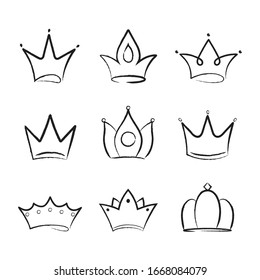 Hand drawn crown. Doodle, sketch king crowns in line style. Simple diadems of queen in graffiti or grunge style. Royal emblem. Heraldic decoration symbol. Luxury concept. Calligraphy design vector