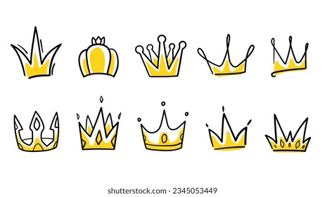 vector del doodle de la corona dibujado a mano. conjunto de ilustraciones de la corona del doodle. arte de la línea real de la reina reina real. aislado de fondo blanco