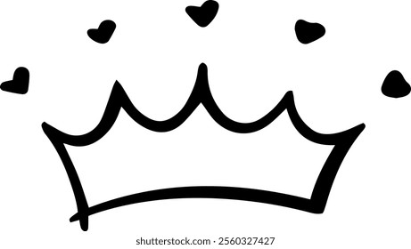 Hand drawn crown featuring hearts, symbolizing love and royalty, evokes affection and charm. Its whimsical design captures the essence of elegance and playful fantasy