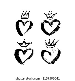 Hand drawn crown and heart icon set in black color. Ink brush crowns, hearts background. Vector illustration EPS 10 file.