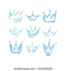 Hand drawn crown icon set in blu color. Ink brush crowns background for baby Prince. Vector illustration EPS 10 file.