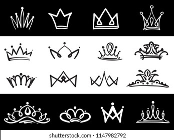 Hand drawn crown icon set. Black graffiti sketch and signs collections. Brush line isolated on white background.