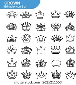 Conjunto de iconos de corona dibujado a mano. Ilustración vectorial forrada en negro real.