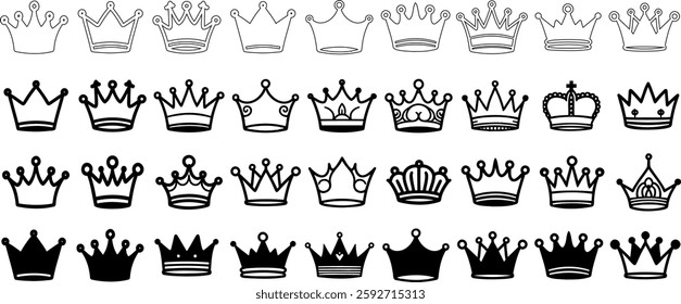 hand drawn crown icon vector set, black royalty symbols, luxury, elegance, hand drawn king, queen, monarchy, imperial, vintage crown vector set, minimal ornate regal royal graphic design elements