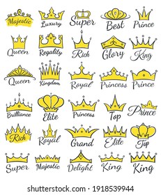 Hand drawn crown logo. Doodle crowns and signs vector set