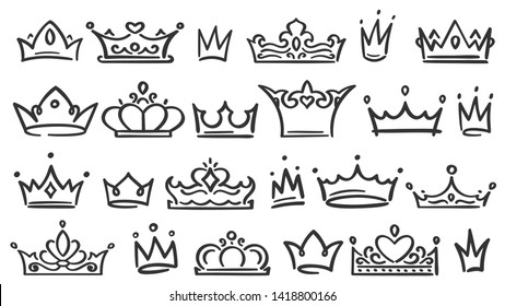 Hand drawn crown. Luxury crowns sketch, queen or king coronation doodle and majestic princess tiara isolated vector illustration set
