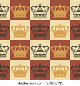 hand drawn crown on chess seamless pattern