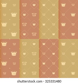 Hand drawn crown on red background seamless pattern. art