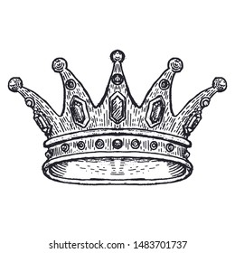 Hand drawn Crown on white. Vintage engraved illustration