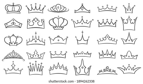 Hand drawn crown. Queen and king, princess and prince crowns sketch. Royal doodle vector set