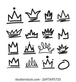 Conjunto de corona dibujado a mano aislado sobre fondo blanco. Perfecto para elementos de Diseño gráfico, logotipo o cualquier proyecto creativo. Estilo de Ilustración vectorial.