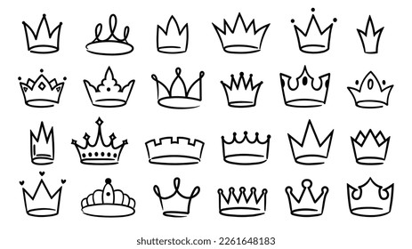Hand drawn crown  Simple sketch royal king   queen crowns  hand drawn elegant majestic tiara   monarch graffiti vector icons set  Male   female royal accessory and gems  jewelry