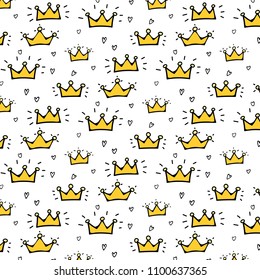 Hand Drawn Crown Vector Pattern Background. Vector Illustration.