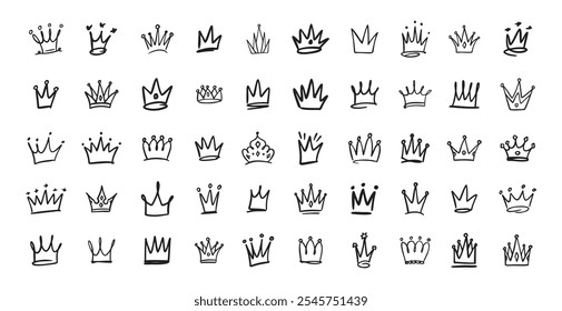 Hand drawn Crown vector set. Doodle collection. Drawing crowns. Royal head, Queen crown, King crown, various design. Vector illustration