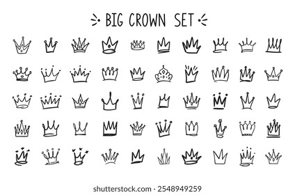 Hand drawn Crown vector set. Doodle collection. Drawing crowns. Royal head, Queen crown, King crown, various design. Vector illustration