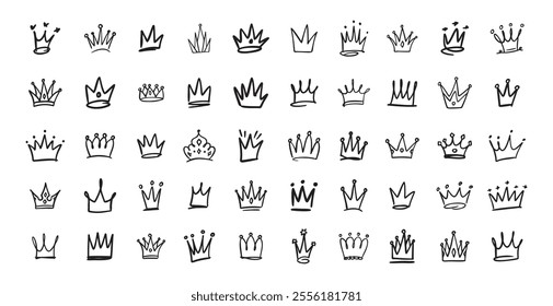 Hand drawn Crown vector set. Doodle collection. Drawing crowns. Royal head, Queen crown, King crown, various design. Vector illustration