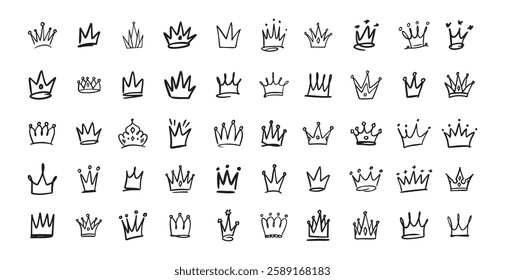 Hand drawn Crown vector set. Doodle collection. Drawing crowns. Royal head, Queen crown, King crown, various design. Vector illustration