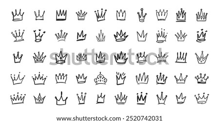 Hand drawn Crown vector set. Doodle collection. Drawing crowns. Royal head, Queen crown, King crown, various design. Vector illustration