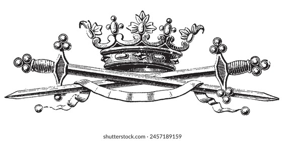 Corona dibujada a mano. Ilustración grabada Antiguas. Diseño heráldico. Boceto de King Crown. Dibujado a mano símbolo real de poder dibujado en blanco. Ilustración grabada Antiguas	