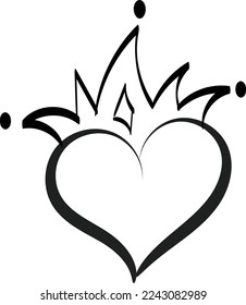 Hand drawn crowned heart. Doodle princess, king and queen crown on heart, sketch love crowns. Wedding card logo, doodle hearts in crowns