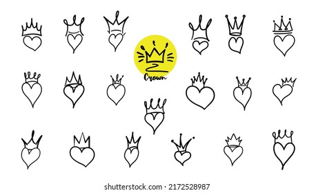 Hand drawn crowned hearts. Doodle princess, king and queen crown on heart, sketch love crowns. Wedding card logo, doodle hearts in crowns. Isolated vector symbols illustration set