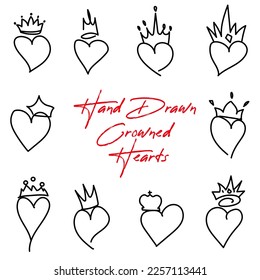 Hand drawn crowned hearts doodle collection