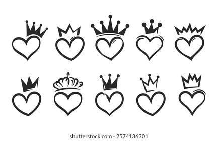 Hand drawn crowned hearts set, king and queen crown on heart for valentine design