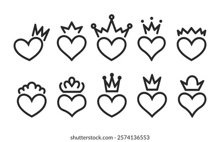 Hand drawn crowned hearts set, king and queen crown on heart, sketch love crowns hearts