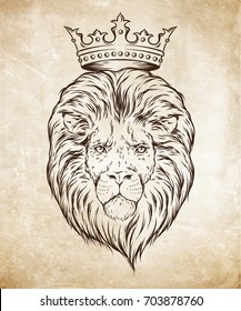 Hand drawn crowned lion head over grunge paper background vector illustration. Logo, blazon or print design.