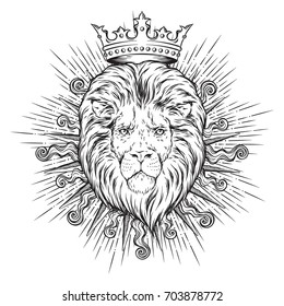 Hand drawn crowned lion head in sun rays isolated over white background vector illustration. Logo, blazon or print design.