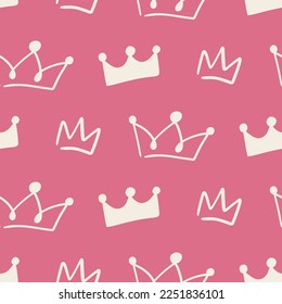 Hand drawn crowns doodles seamless pattern. Cute baby background, Little princess design for newborn clothes, nursery and kids girls apparel.