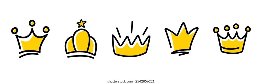 Hand Drawn Crowns Icons. Crown doodle drawing. Yellow crown illustration