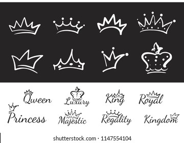 Hand drawn crowns logo and icon collection. Black and white graphic.