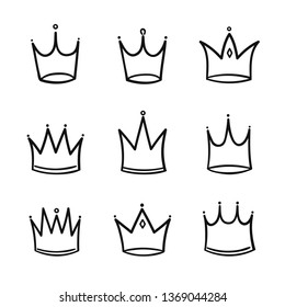 Hand drawn crowns logo set for queen icon, princess diadem symbol, doodle illustration, pop art element, beauty and fashion shopping concept.