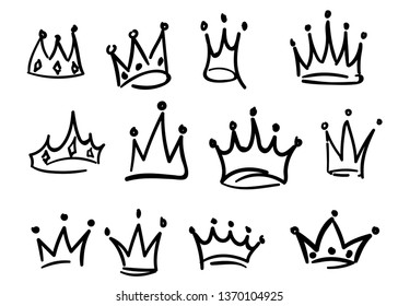 Hand drawn crowns logo set isolated on white background for queen icon, princess diadem symbol, doodle illustration, pop art element, beauty and fashion shopping concept. Crown icon. vector 10 eps