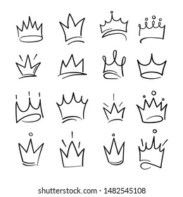 Hand drawn crowns logo set for queen icon, princess diadem symbol, doodle illustration, pop art element, beauty and fashion shopping concept.
