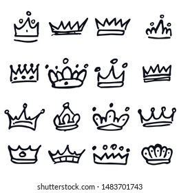 Hand drawn crowns logo set isolated on white background for queen icon, princess diadem symbol, doodle illustration, pop art element, beauty and fashion shopping concept. Crown icon