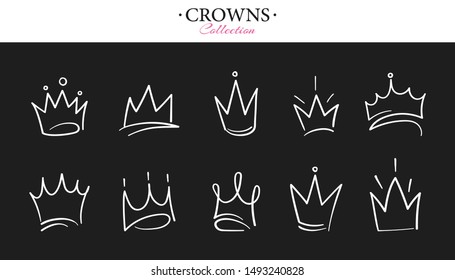 Hand drawn crowns logo set for queen icon, princess diadem symbol, doodle illustration, pop art element, beauty and fashion shopping concept.