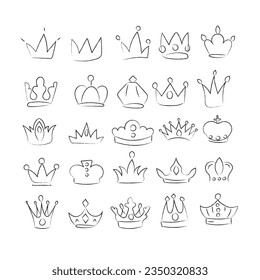 Hand drawn crowns logo set for queen icon, doodle princess diadem symbol