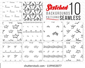 Hand drawn crowns pattern big set. Collection of 10 minimalist crown seamless backgrounds. Black graphic on white backdrop. Royal signs kit.
