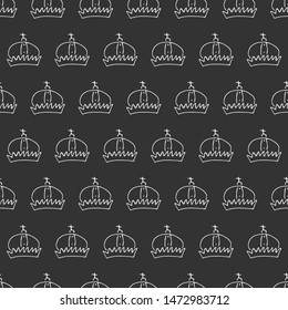 Hand drawn crowns. Seamless pattern of simple graffiti sketch queen or king crowns. Royal imperial coronation and monarch symbols. White brush doodle isolated on black background. Vector illustration.