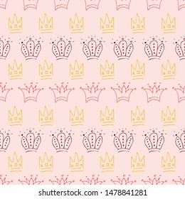 Hand drawn crowns. Seamless pattern of simple graffiti sketch queen or king crowns. Royal imperial coronation and monarch symbols. Colorful doodle isolated on coral background. Vector illustrat