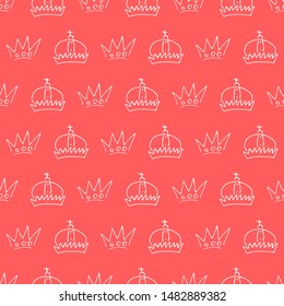 Hand drawn crowns. Seamless pattern of simple graffiti sketch queen or king crowns. Royal imperial coronation and monarch symbols. White brush doodle isolated on red background. Vector illustration.