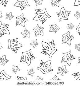 Hand drawn crowns. Seamless pattern of simple graffiti sketch queen or king crowns. Royal imperial coronation and monarch symbols. Black brush doodle isolated on white background. Vector illustration.