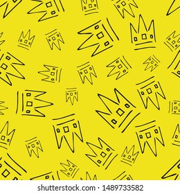 Hand drawn crowns. Seamless pattern of simple graffiti sketch queen or king crowns. Royal imperial coronation and monarch symbols. Black doodle isolated on yellow background. Vector illustration.