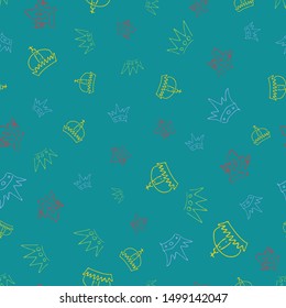 Hand drawn crowns. Seamless pattern of simple graffiti sketch queen or king crowns. Royal imperial coronation and monarch symbols. Multicolored doodle isolated on blue background. Vector illustration