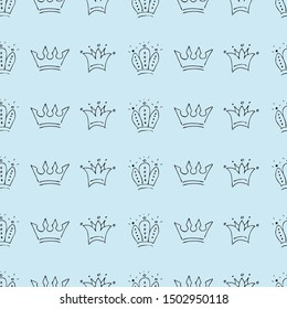 Hand drawn crowns. Seamless pattern of simple graffiti sketch queen or king crowns. Royal imperial coronation and monarch symbols. Black brush doodle isolated on blue background. Vector illustration.