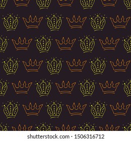 Hand drawn crowns. Seamless pattern of simple graffiti sketch queen or king crowns. Royal monarch symbols. Yellow and orange brush doodle isolated on dark background. Vector illustration.