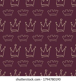 Hand drawn crowns. Seamless pattern of simple graffiti sketch queen or king crowns. Royal imperial coronation and monarch symbols. Vector illustration.