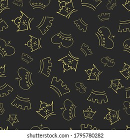 Hand drawn crowns. Seamless pattern of simple graffiti sketch queen or king crowns. Royal imperial coronation and monarch symbols. Vector illustration.